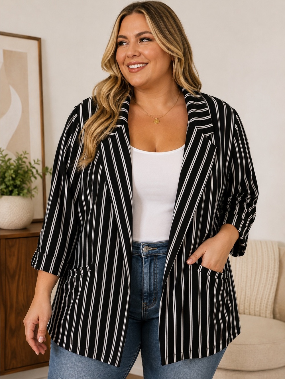 NWOT XL Warehouse One Black and White Vertical Stripe Blazer